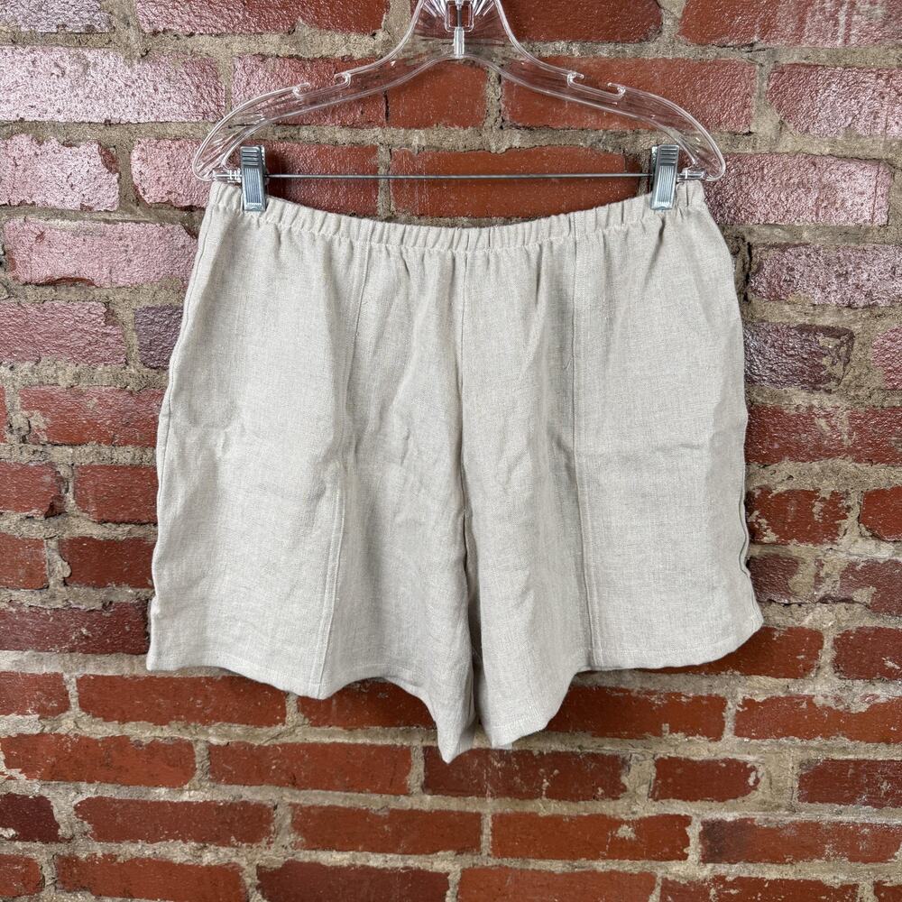 Handmade Shorts Womens L/XL Beige Tan Linen Patchwork Elastic Waist Summer